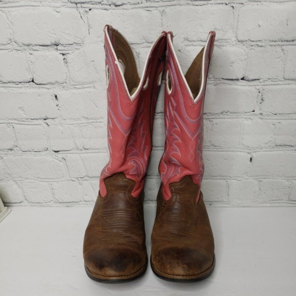 Tony Lama Women Buckaroo Cowgirl Boots Sz 5.5D Brown Pink Leather LL402 13” Tall
